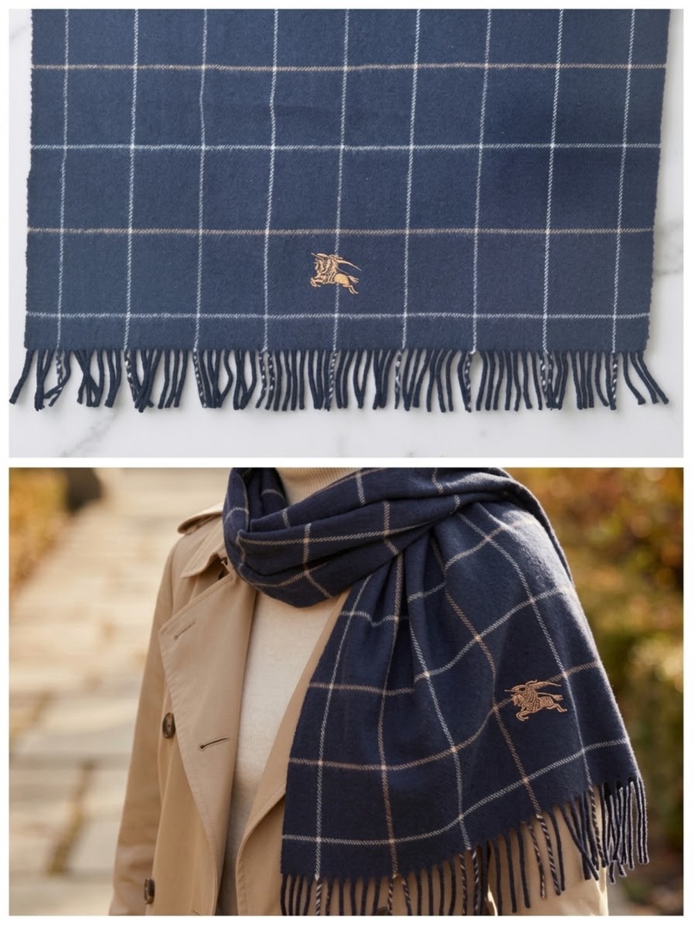 Burberry London Pure New Wool Scarf Navy Blue Grid Plaid Embroidered Knight